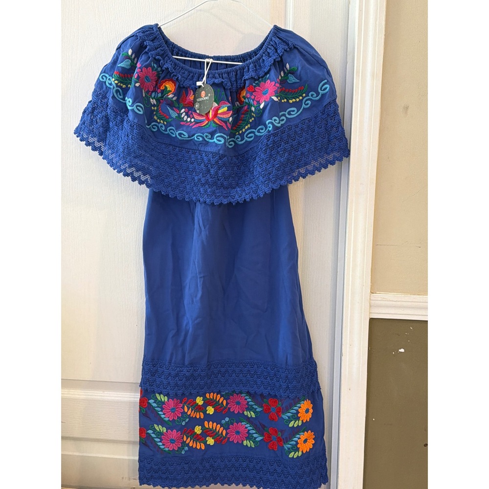 YZXDORWJ Womens Royal Blue Mexican Floral Embroidered Off Shoulder Midi Dress S